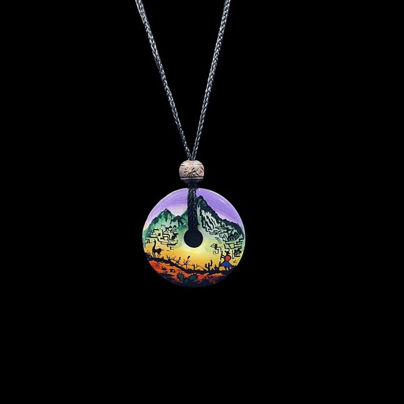 Boho Hand Painted Tribal Necklace Donut Pendant Cord Adjustable Festival Art - Picture 5 of 7